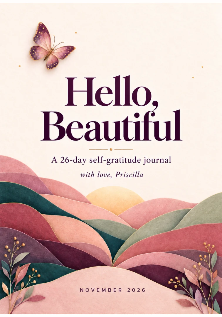 Hello, Beautiful journal cover with a butterfly and a light layered landscape
